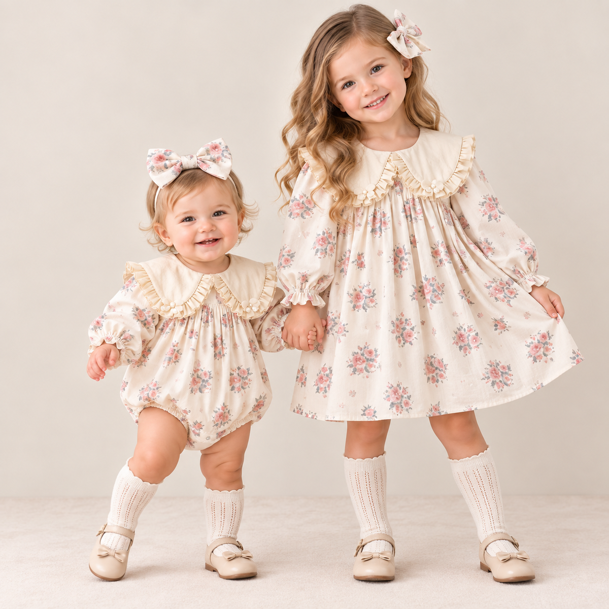 （Pre Order 2 Weeks）Sisters Fall Floral Print Ruffle Collar Dress&Romper