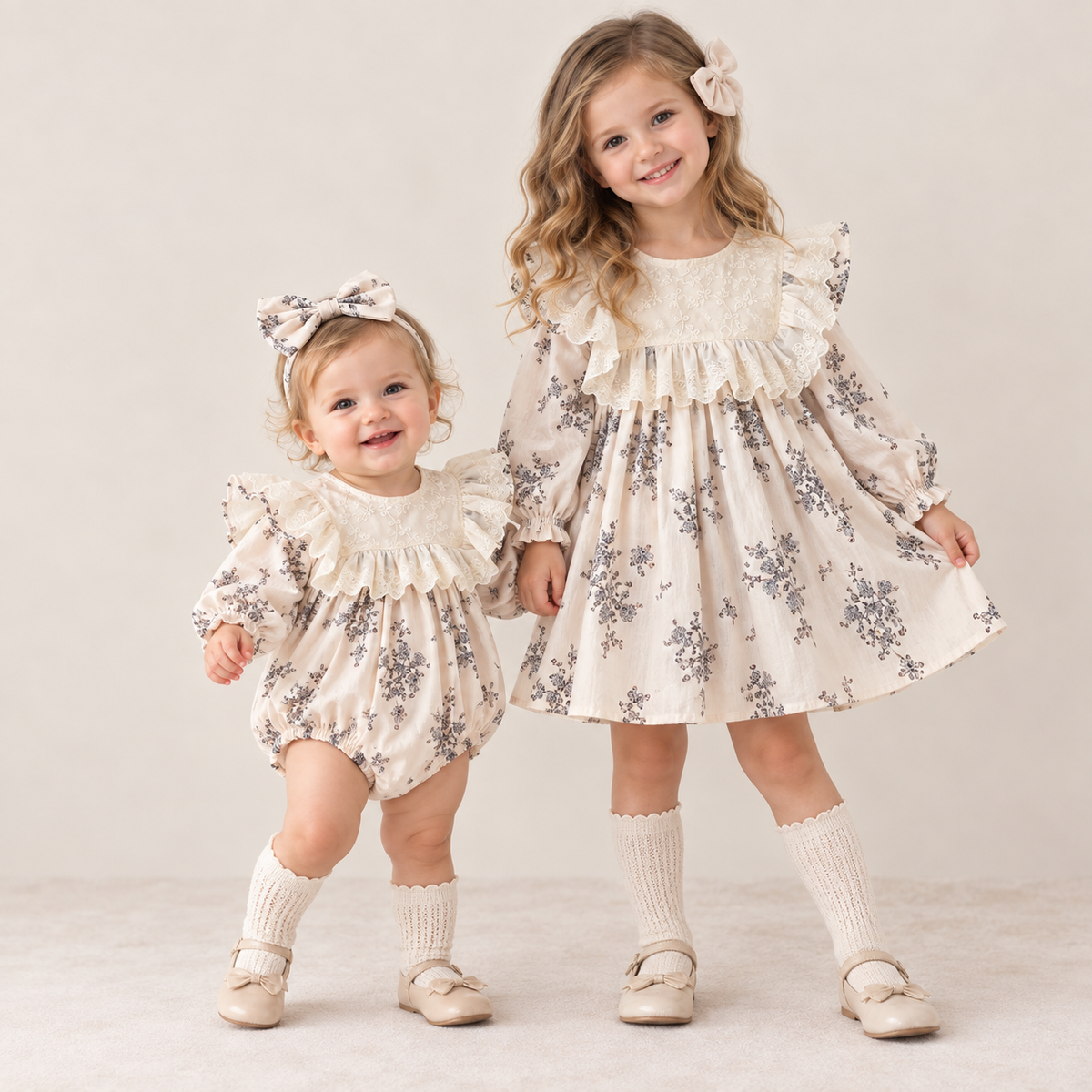 （Pre Order 2 Weeks）Sisters Fall Floral Print Lace Ruffle Dress&Romper