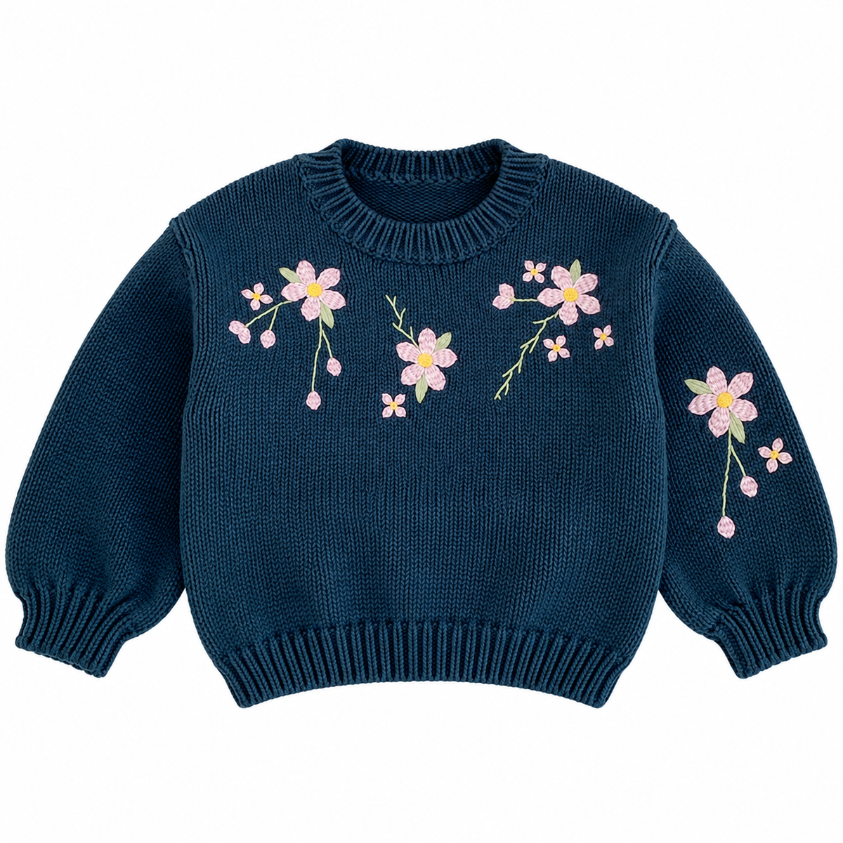 （Pre Order 2 Weeks）Girls Fall Floral Embroidery Navy Blue Sweater