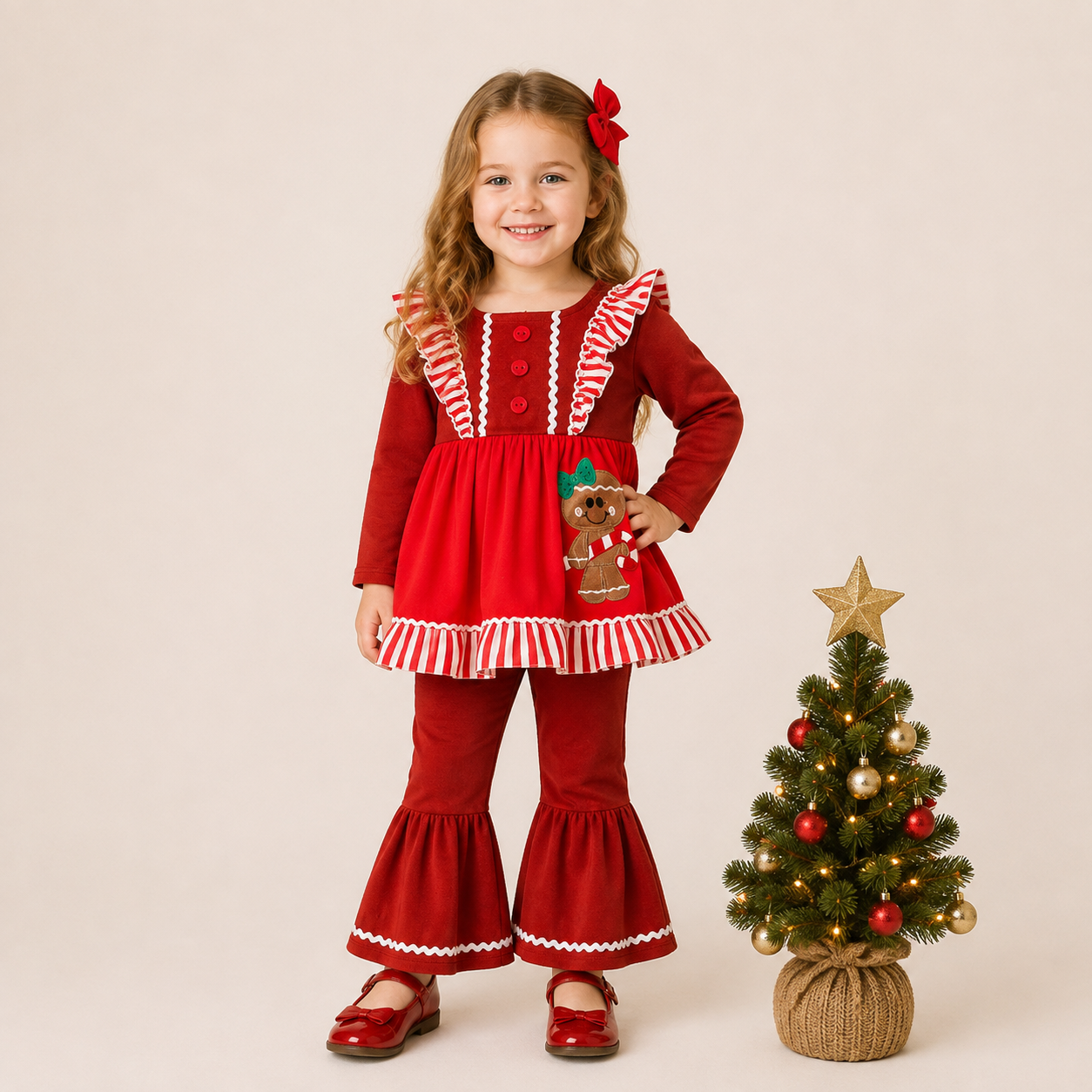 （In Stock）Girls Christmas Gingerbread Applique Dress