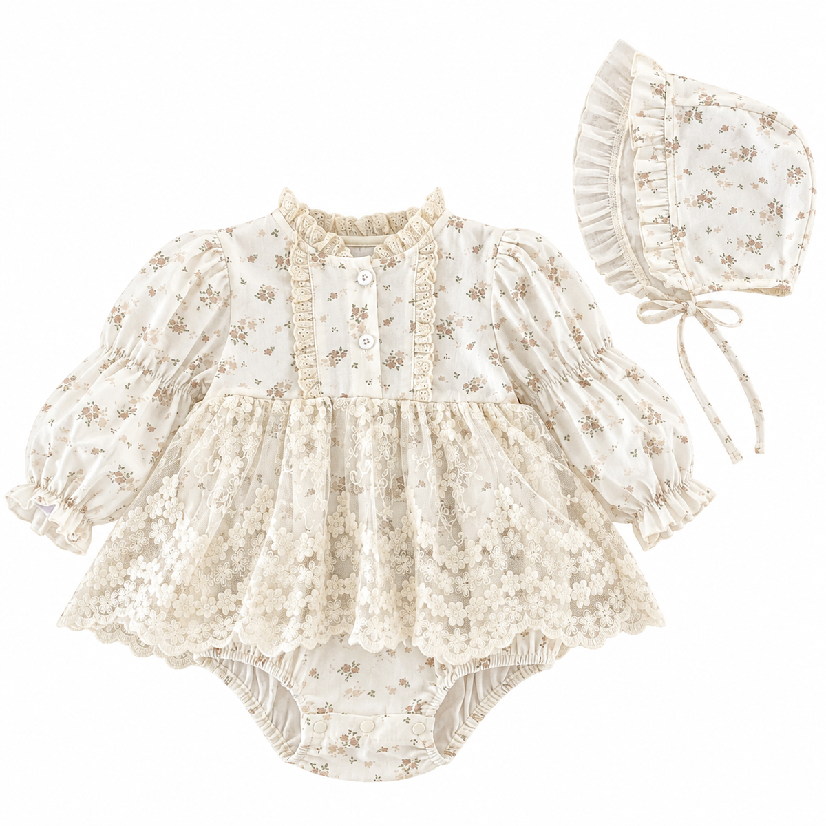 （Pre Order 2 Weeks）Toddler Girls Fall Floral Print Lace Romper with Hat