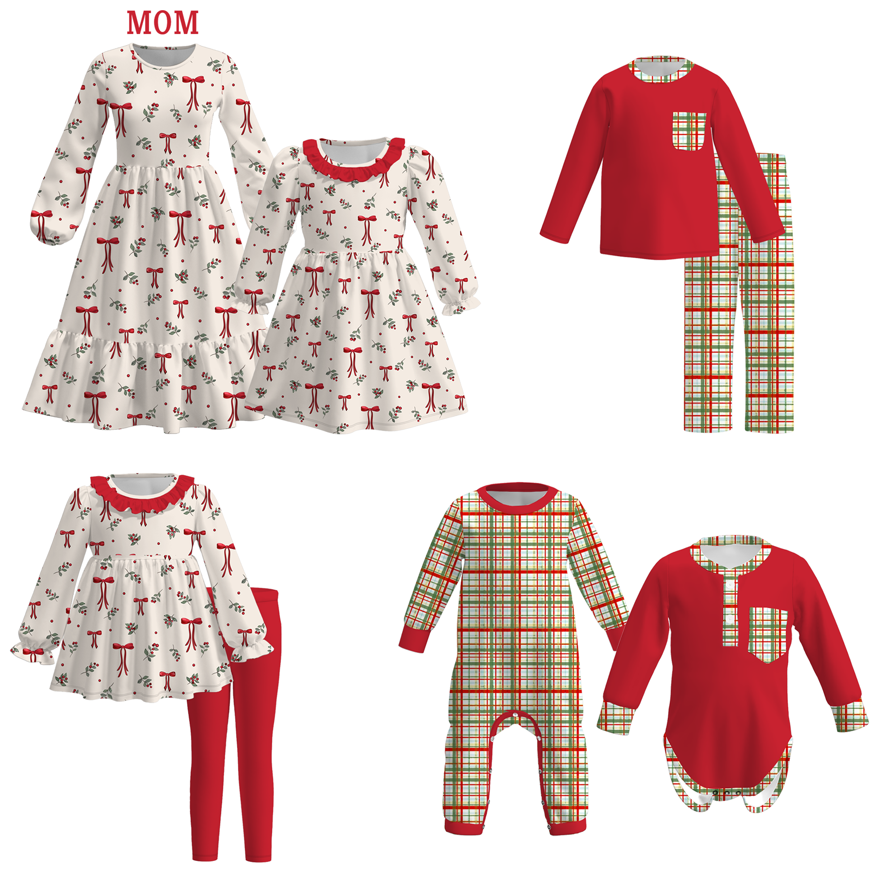 （Pre Order）Family Christmas Bow Print Dress,Set＆Romper
