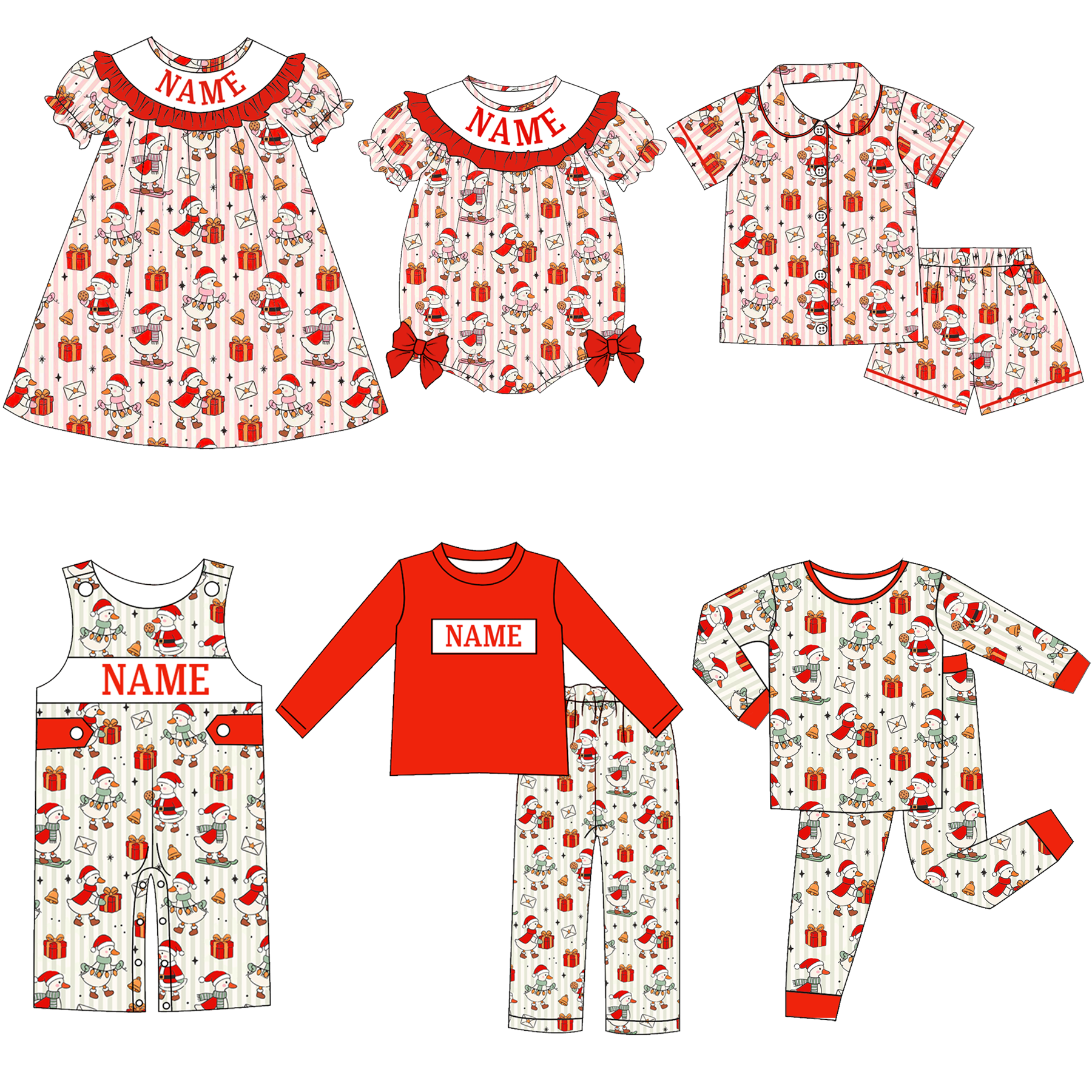 （Pre Order）Family Christmas Goose Embroidery Smocked Dress,Set＆Romper