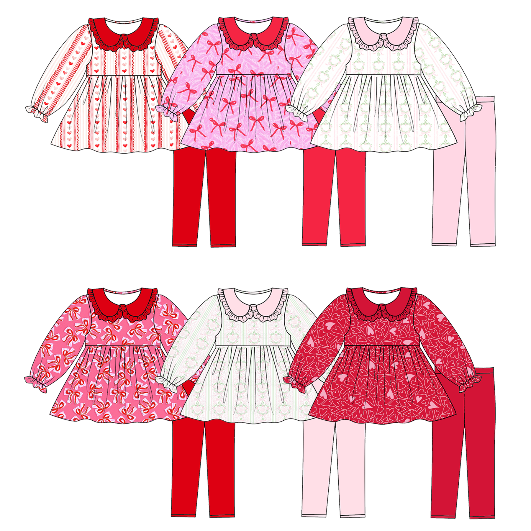 （Pre Order）Girls Valentine's Day Print Doll Collar Outfit Set