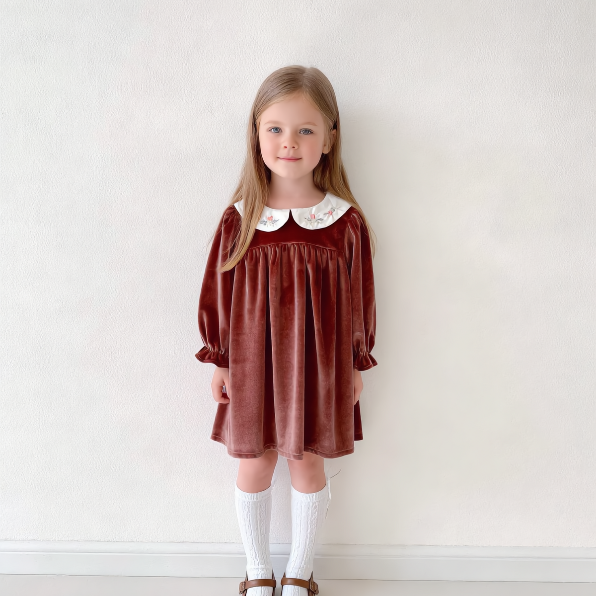 （Pre Order 2 Weeks）Sisters Fall Embroidery Collar Velvet Dress