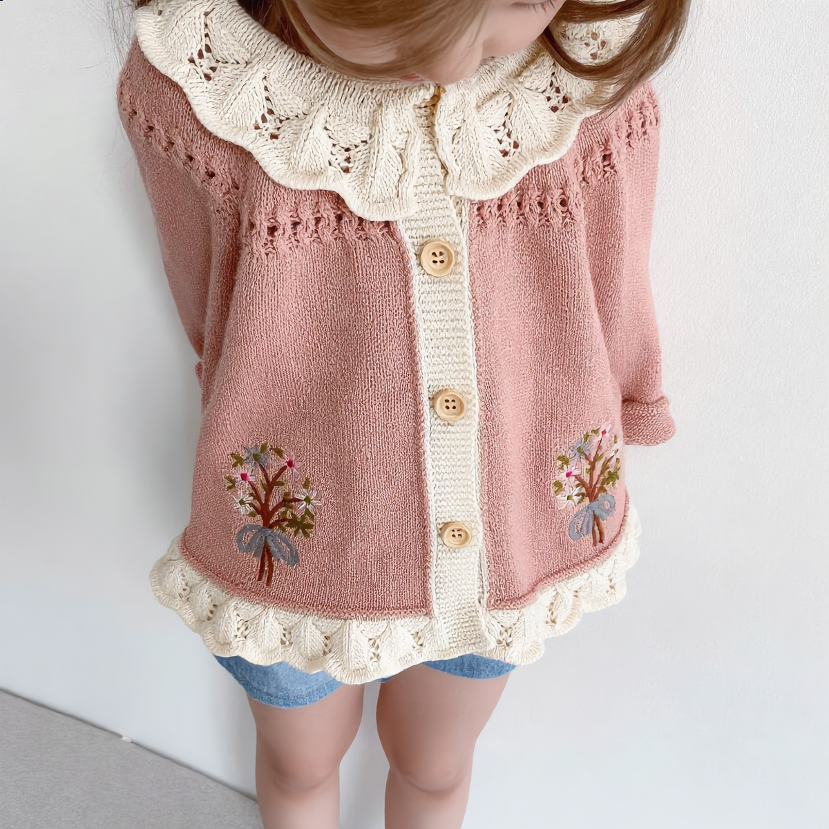 （Pre Order 2 Weeks）Girls Fall Floral Embroidery Sweater Cardigan